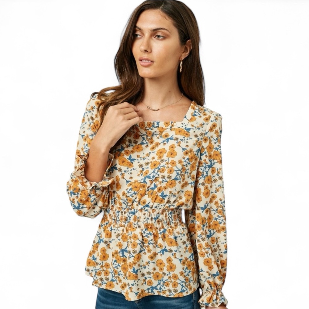 Like It Like That Floral Flared Hem Long Sleeve Top Women's Medium